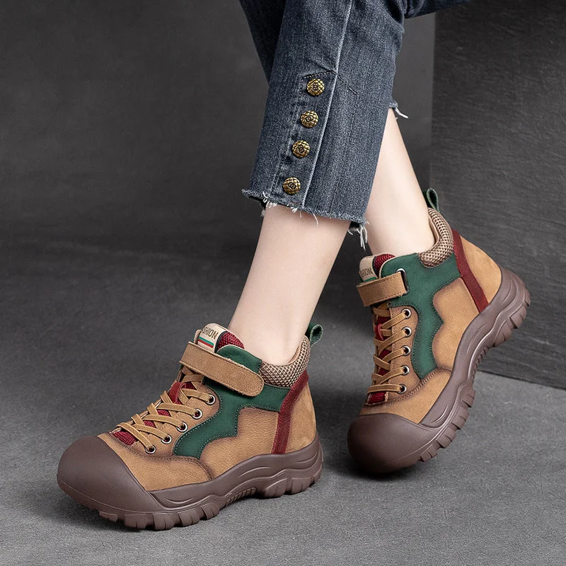 Sports Yoga Style Women Pigskin Leather High Top Velcro Casual Shoes