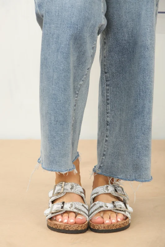 Classic style SILVER BEADS DETAIL DOUBLE BUCKLE SLIDER SANDALS