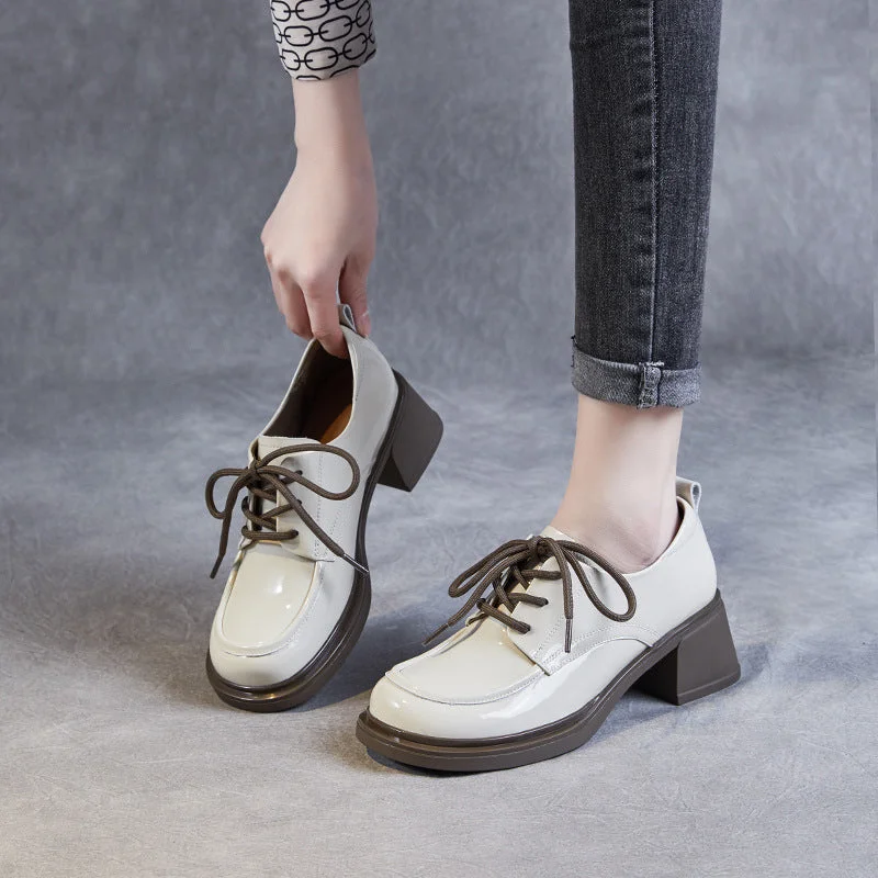 British casual Women Minimalist Soft Glossy Leather Chunky Heel Shoes