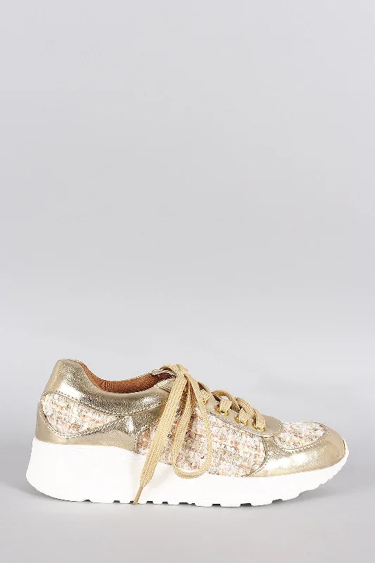 Sports Fitness Style Metallic Tweed Round Toe Sneaker