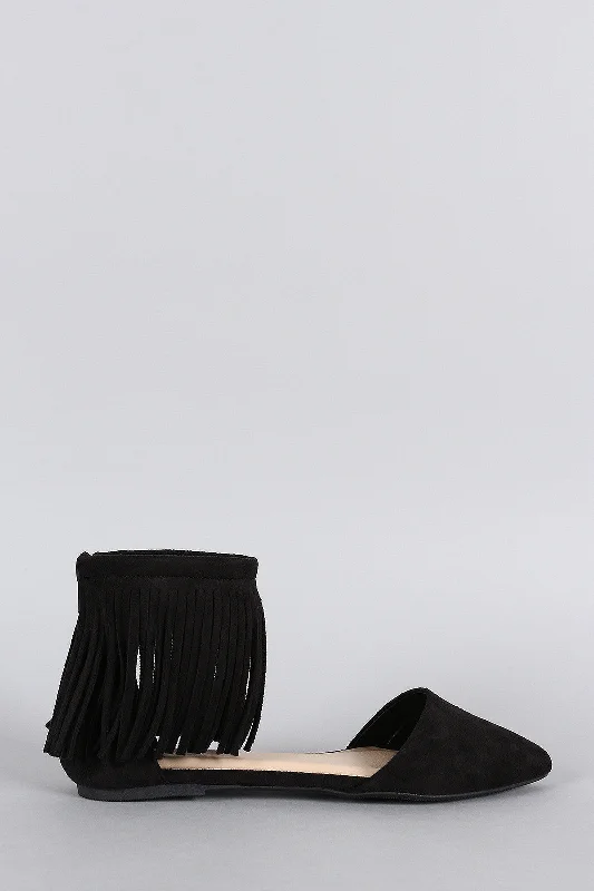 Street Style Wild Diva Lounge Faux Suede Fringe Pointy Toe Flat