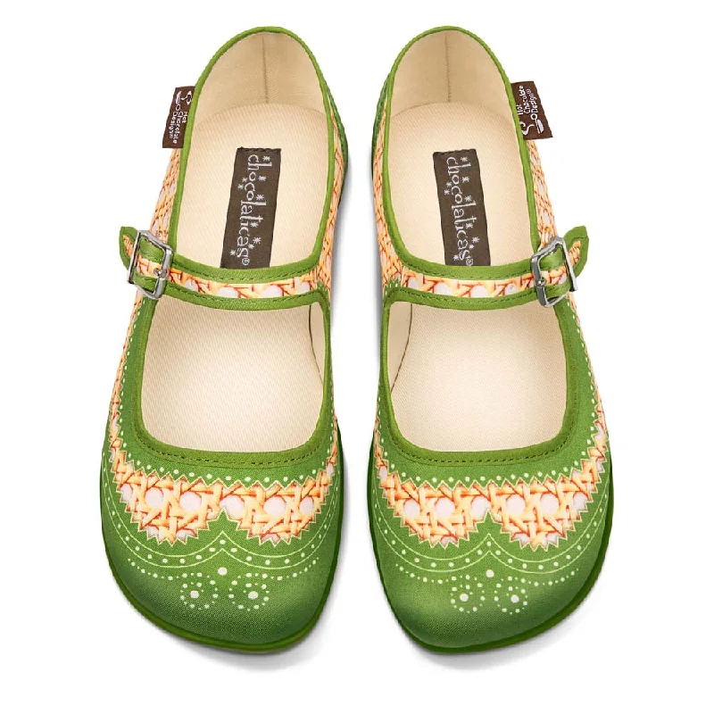 Black And White Style Chocolaticas® Havana Rattan Green Women's Mary Jane Flat
