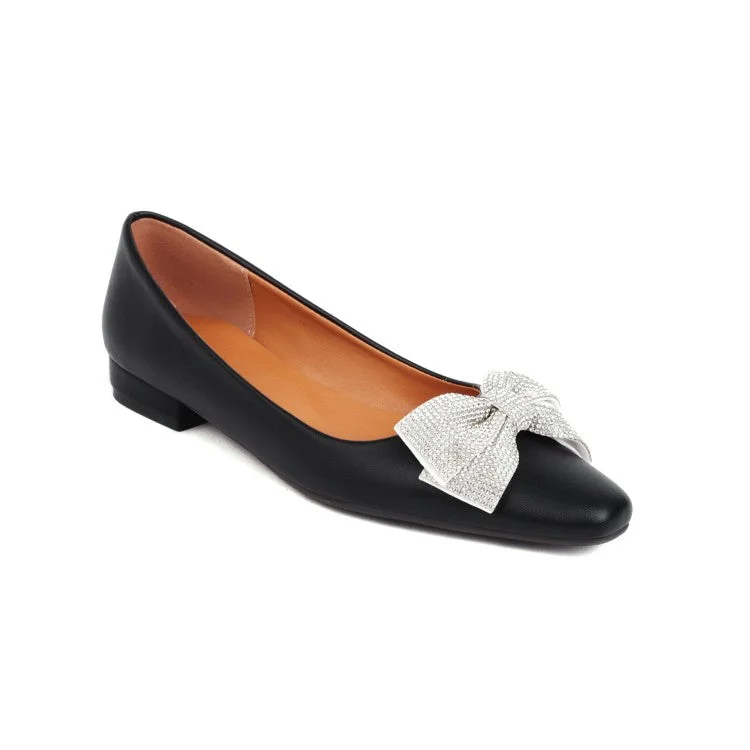Street Casual Style Women's Candy Color Square Toe Rhinestone Butterfly Knot Slip on Flats Shoes