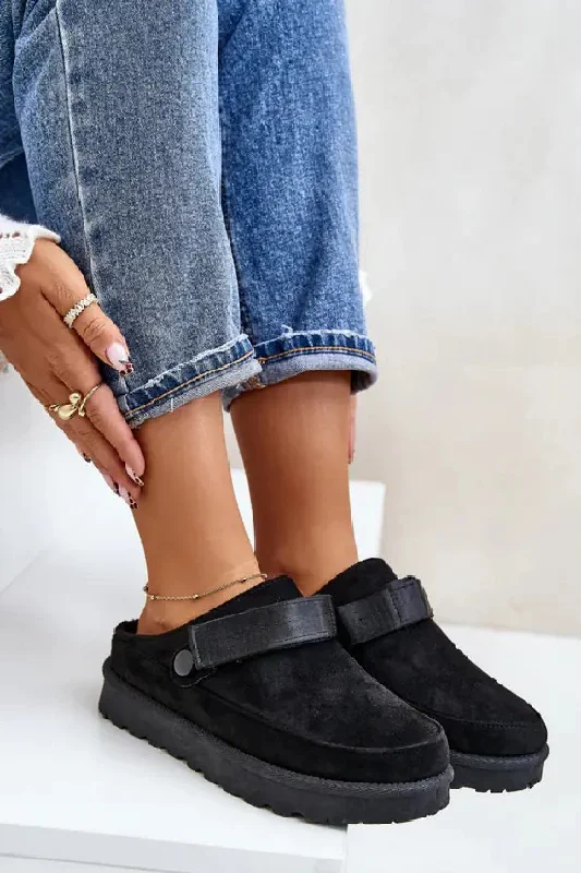 Personalized print BLACK FAUX SUEDE STRAPPY CLOGS SLIP ON MULES SLIPPERS