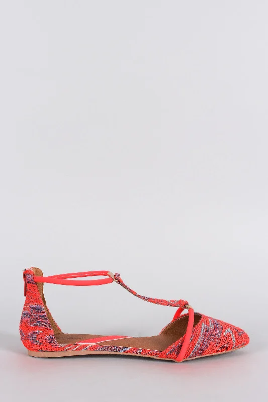 Low-key Luxury Qupid Neon Tribal T-Strap Almond Toe Flats