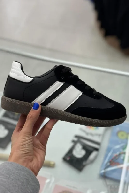 Unique Design BLACK WHITE FLAT LACE UP SNEAKERS TRAINERS