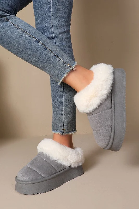 Warm Winter Series GREY ULTRA MINI PLATFORM FAUX FUR LINED FLUFFY SLIPPERS