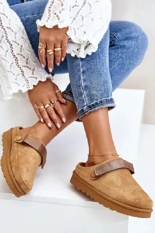 Street Show-off Style CAMEL FAUX SUEDE STRAPPY CLOGS SLIP ON MULES SLIPPERS