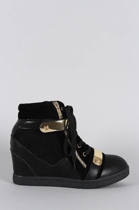 Sports Casual Style Liliana Zipper Perforated High Top Lace Up Wedge Sneaker