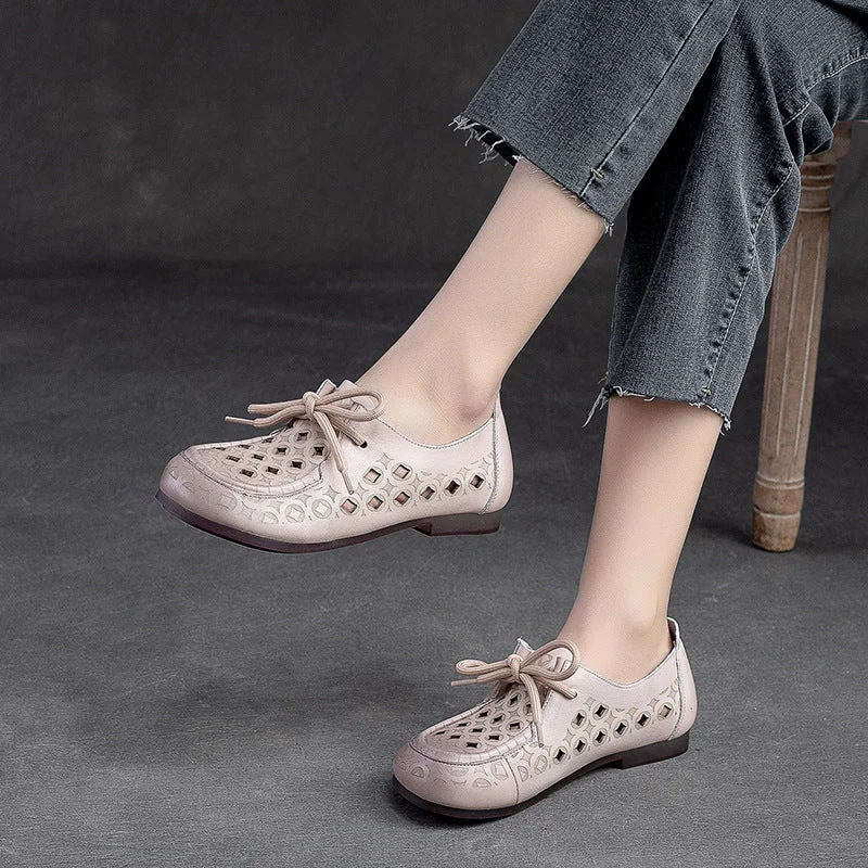 Slim Fit Women Summer Hollow Soft Leather Flat Casual Shoes