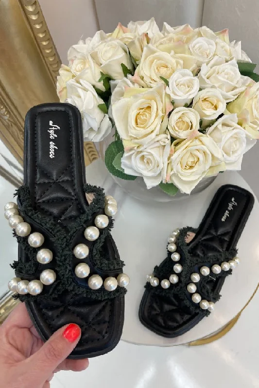 Elegant And Elegant BLACK PEARL DETAIL FLAT SLIP ON SLIDERS SANDAL