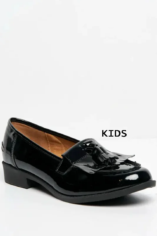 Sports Zipper Style Kids Black Patent Slip On Flatform Loafer Shoes With Tassle