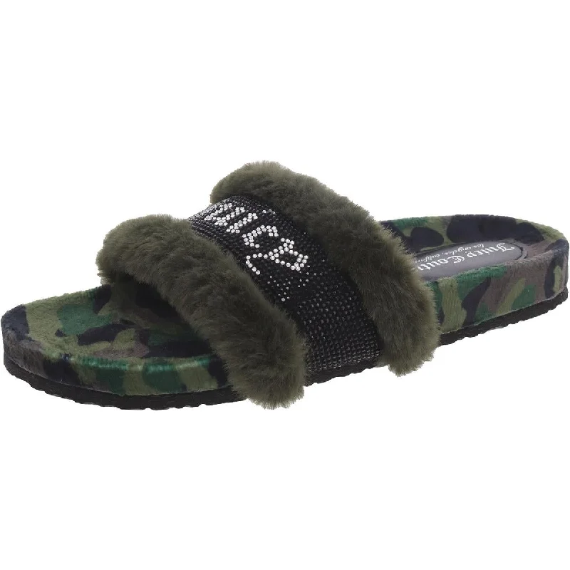 Classic Series Juicy Couture Womens JC-Siren Faux Fur Rhinestone Slide Sandals